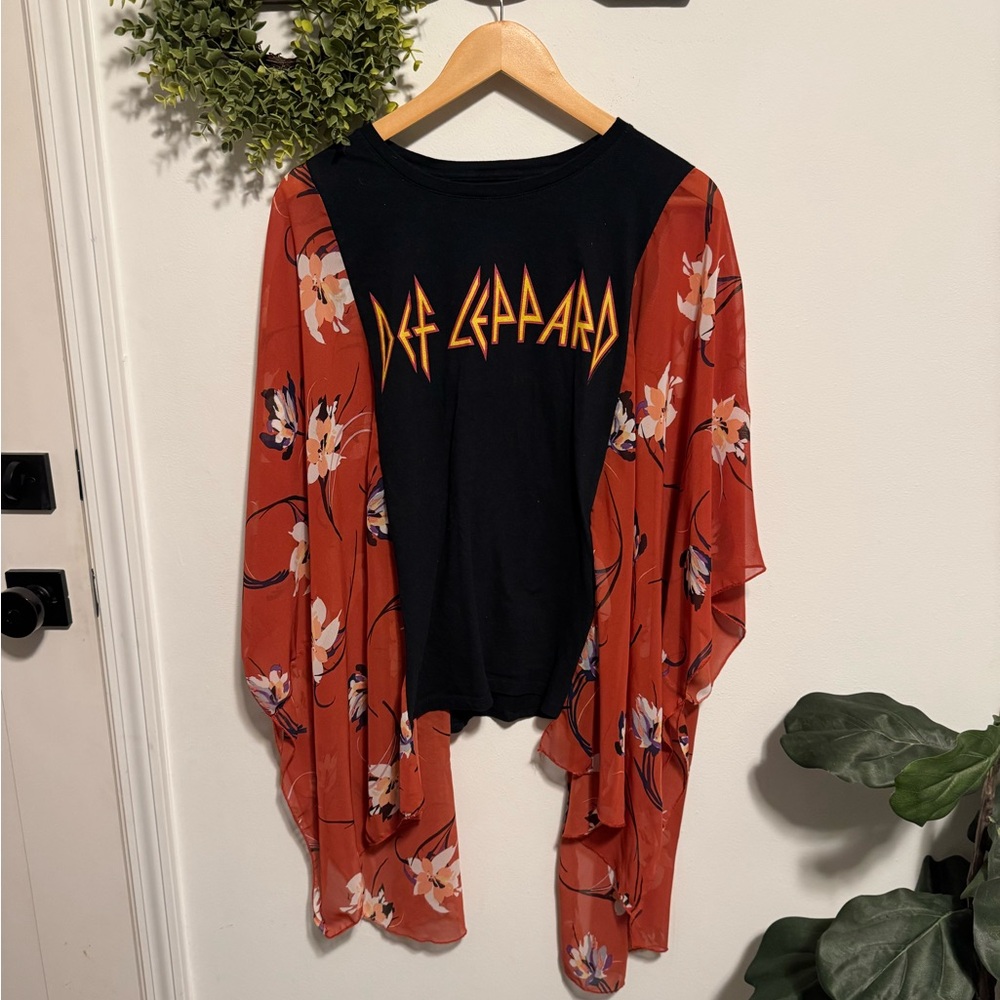 Upcycled Def Leppard Graphic Tee with Floral Kimono Sleeves